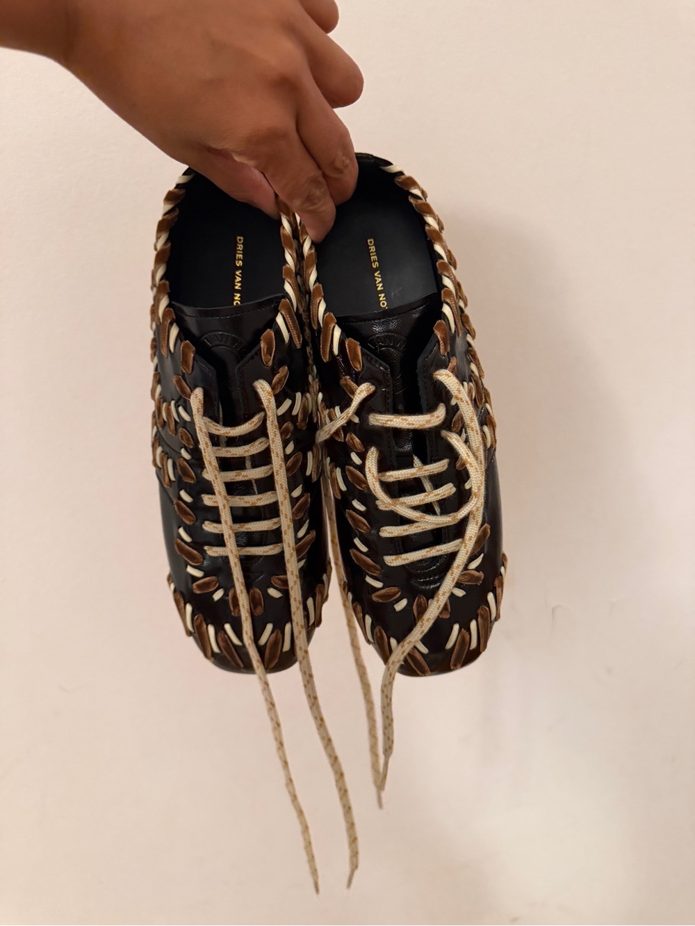 Dries Van Noten Black Leather Sneakers with Cream Braided Laces size 39